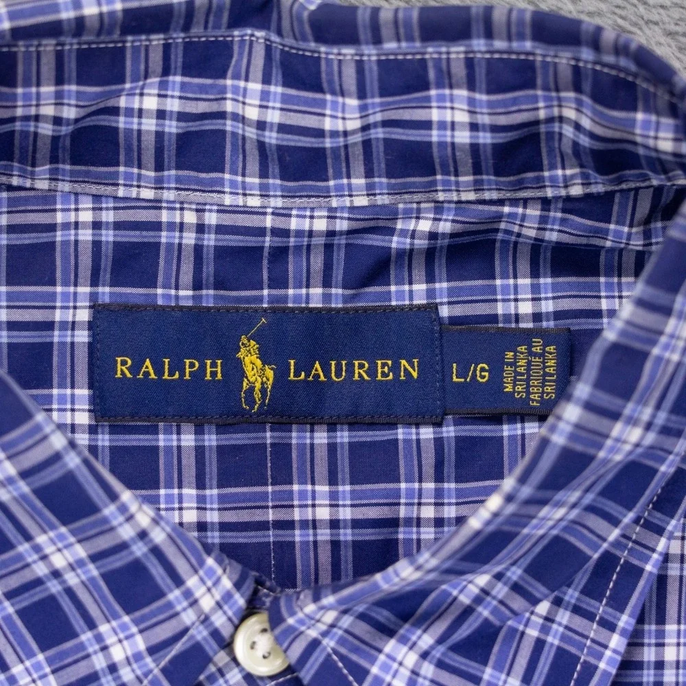 Polo Ralph Lauren Mens Large Blue White Plaid Check‎ LS Button Front Shirt